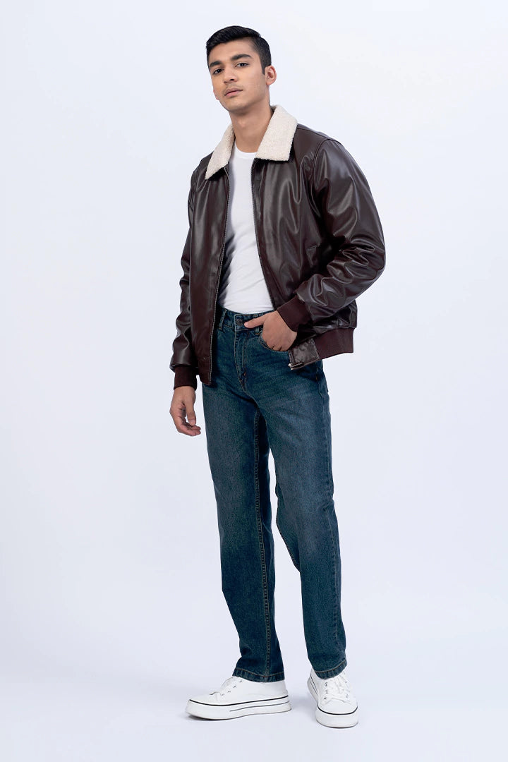 Leather jacket with hot sale sherpa collar