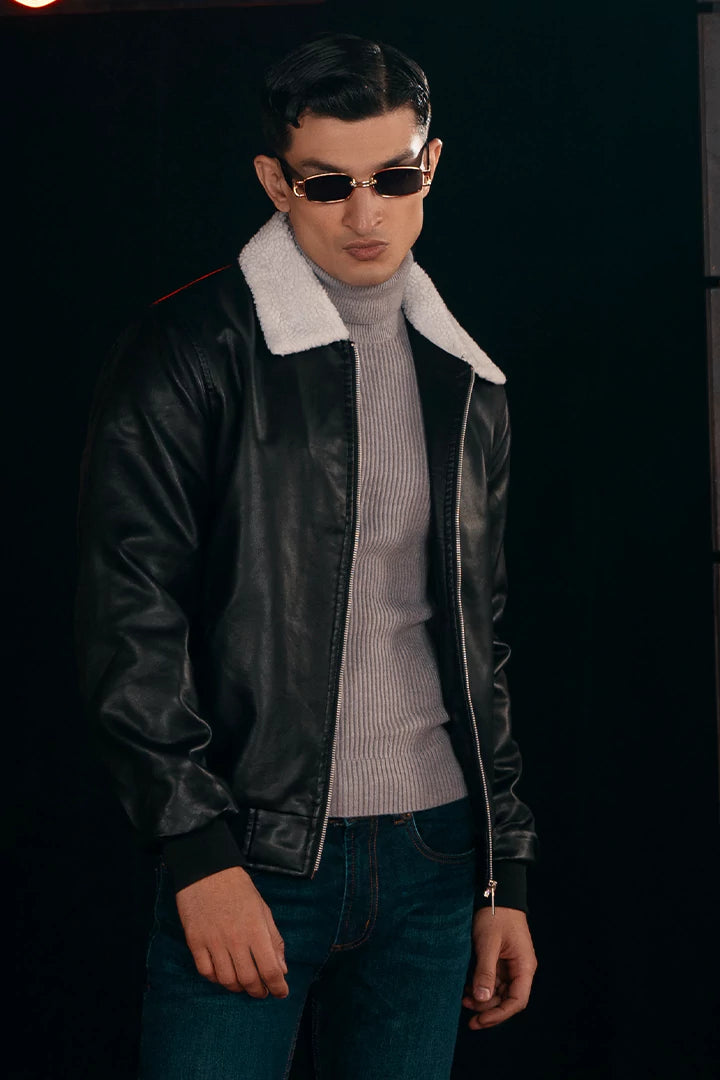 Sherpa collar outlet leather jacket