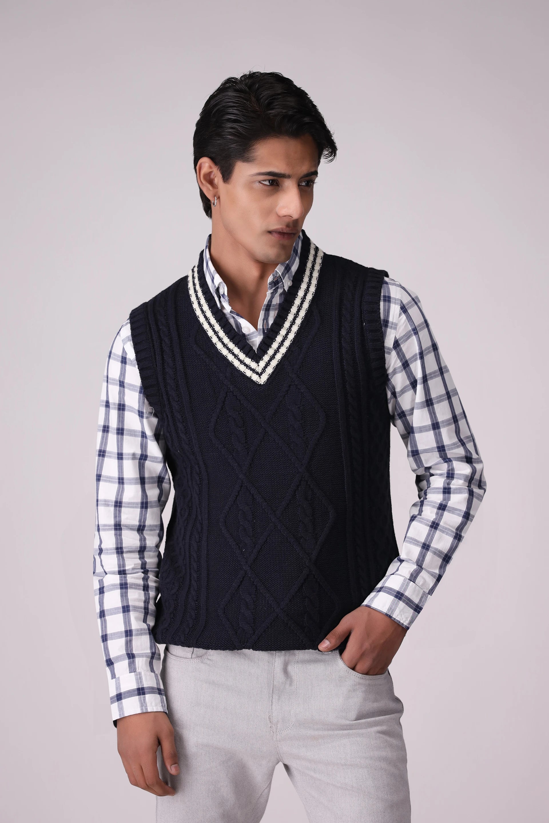 Cable Knit V-Neck Sweater Vest Men Sweater Winter 2024 COUGAR- (Men Winter 2024) M Navy Men