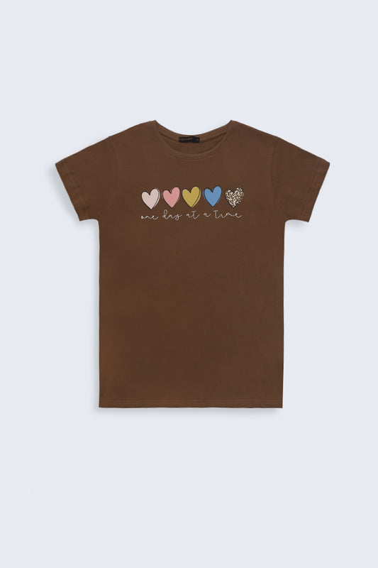 Slogan & Heart Print T-Shirt Women Tee Summer V-3 2024 BACKDROP COUGAR- (Women V3 2024) XS Brown 