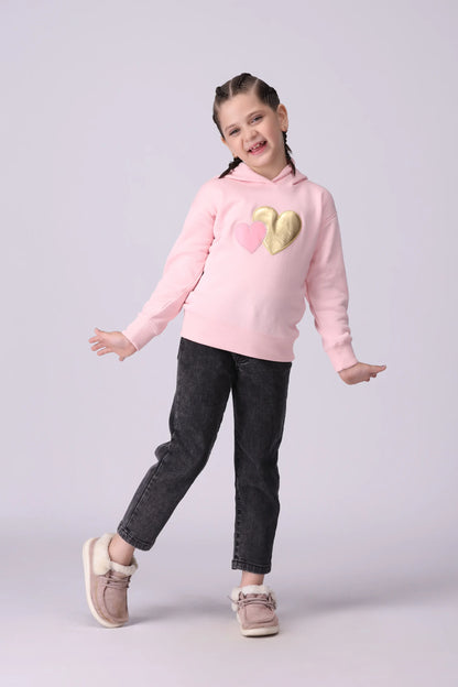 Fleece Sweatshirt With Patch Work Girl Hood Winter 2024 COUGAR- (Girl Junior Winter 2024)   