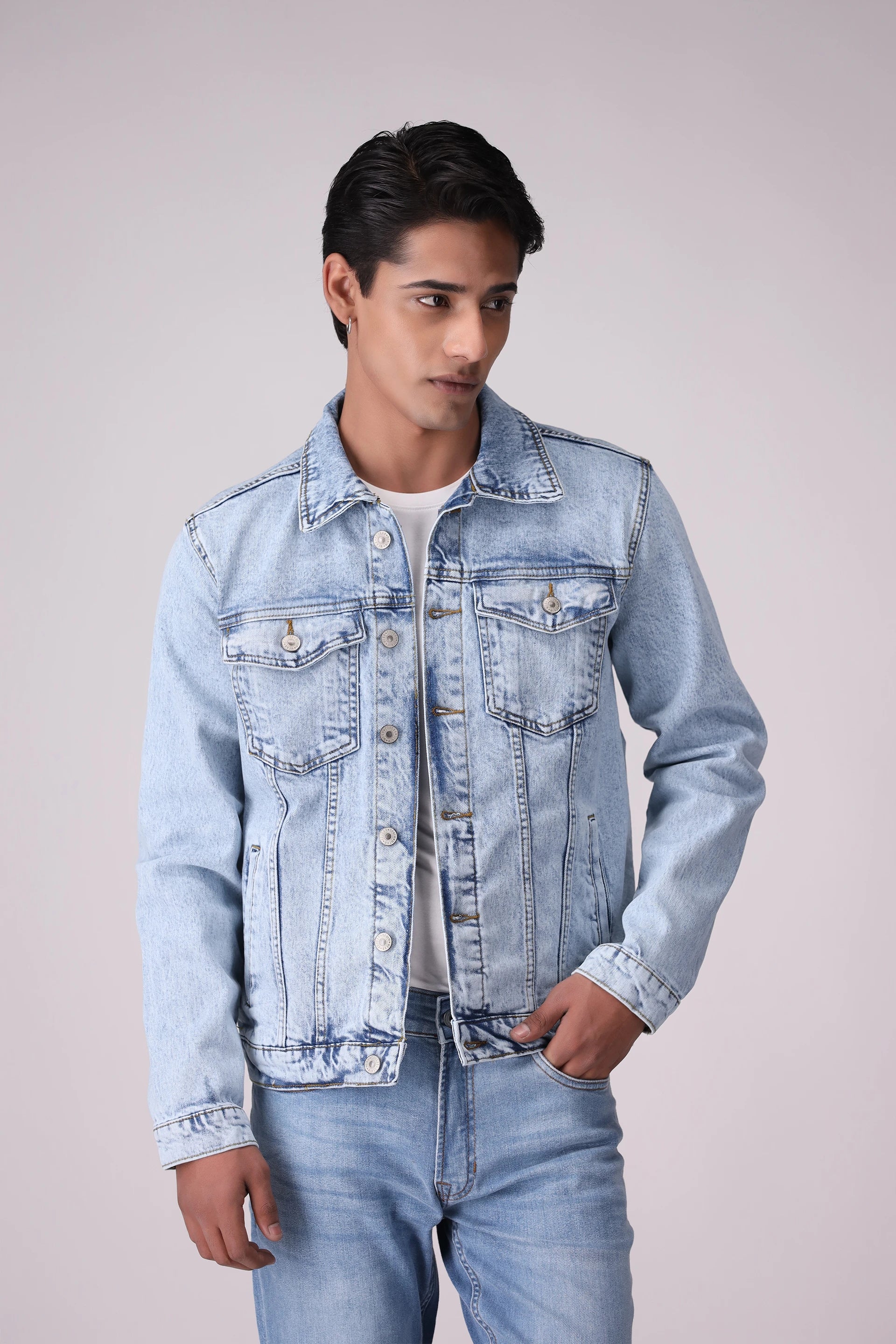 Denim Trucker Jacket Men Jacket Winter 2024 Knit Story COUGAR- (Men Winter 2024) M Light Blue Men