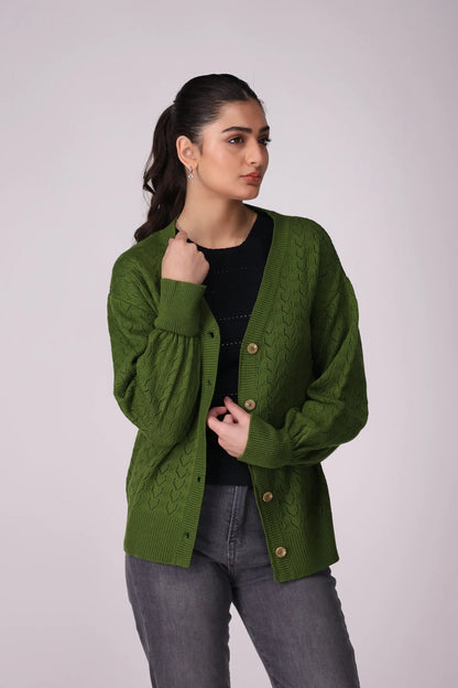 Crochet Knit Cuffed Cardigan Women Sweater Winter 2024 Knit Story COUGAR- (Women Winter 2024) SM Green Women