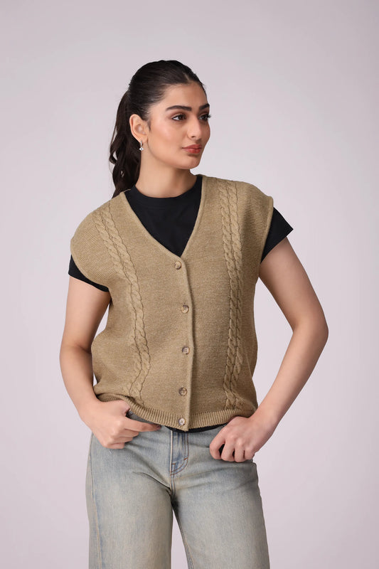 Sleeveless Button-Through Cardigan Women Sweater Winter 2024 Knit Story COUGAR- (Women Winter 2024) SM Beige Women