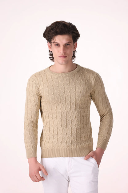 Cable Knit Acrylic Sweater Luxury Men Sweater COUGAR (MEN OLD MONEY W24) S SAND