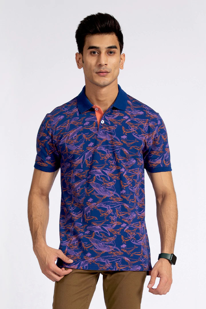 Royal Blue Printed Polo Men Polo Pre Fall 2023 Vortex COUGAR   