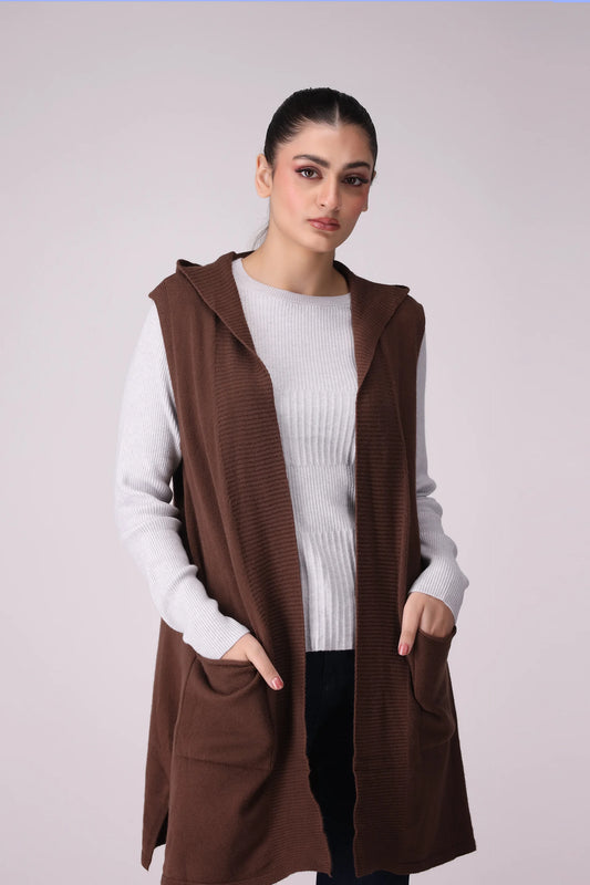 Front Open Sleeveless Cardigan With Hood Women China-Sweater Winter 2024 Knit Story COUGAR- (Women Winter 2024) FSZ Brown Women