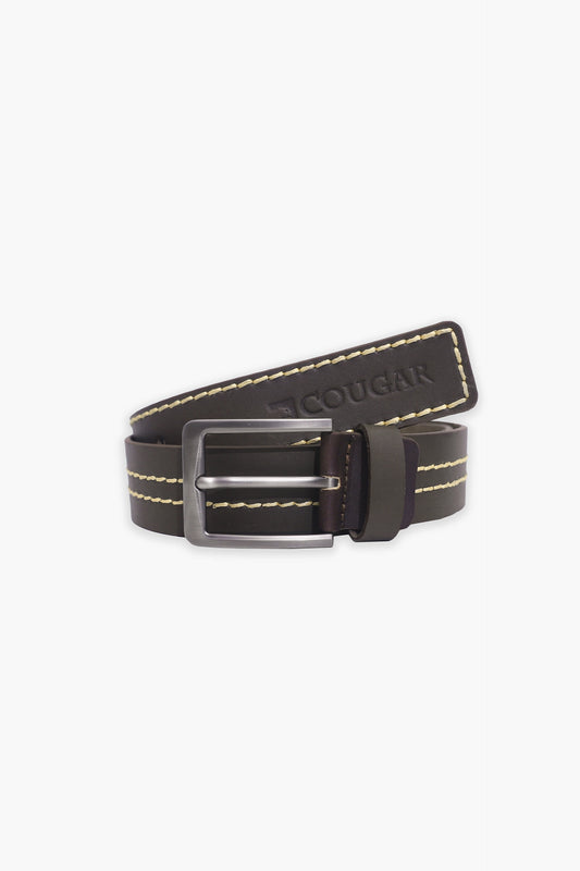 Square Buckle Contrast Stitch Belt Men Leather Belt Fall 2024 COUGAR C (Fall 2024) FSZ Chocolate 