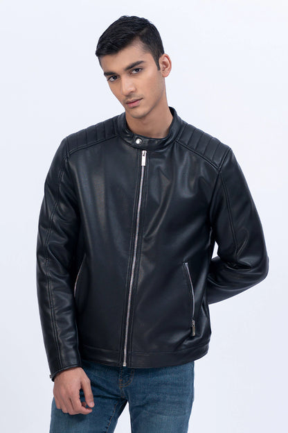 Black Pleated Shoulder Faux Leather Jacket Men Jacket Winter 2023 Premiere COUGAR   