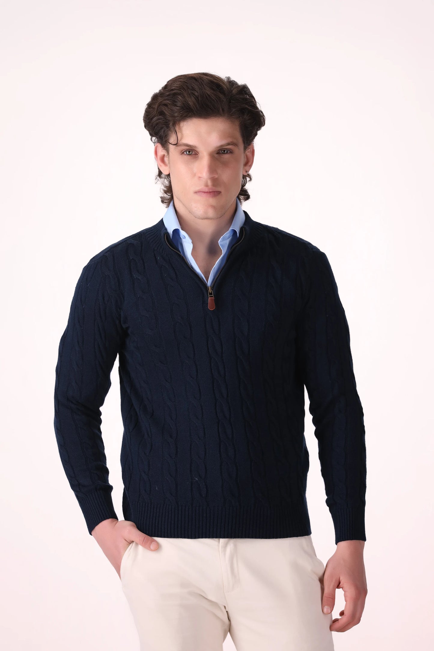 Cable Knit Quarter Zip Sweater Luxury Men Sweater COUGAR (MEN OLD MONEY W24) S HUNTER NAVY