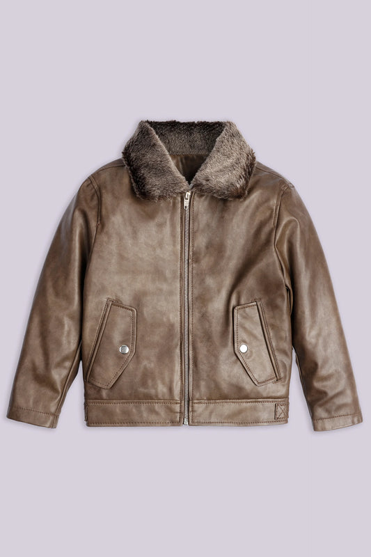 Faux Suede Jacket With Fur Collar Boy Jacket Winter 2024 COUGAR- (Boy Junior Winter 2024) 5-6 Y Brown Boy