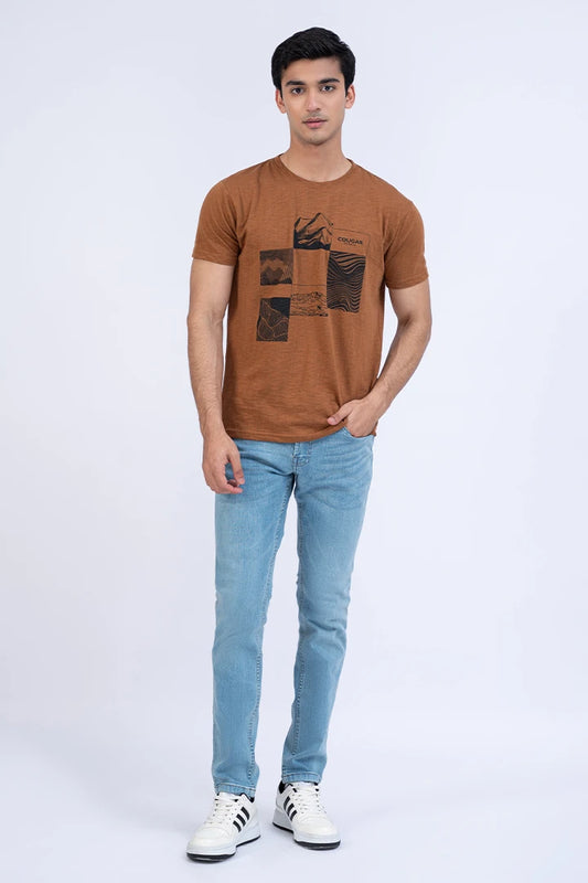 Caramel Relaxed Fit T-Shirt Men Tee Summer V-2 2024 URBAN STATION COUGAR