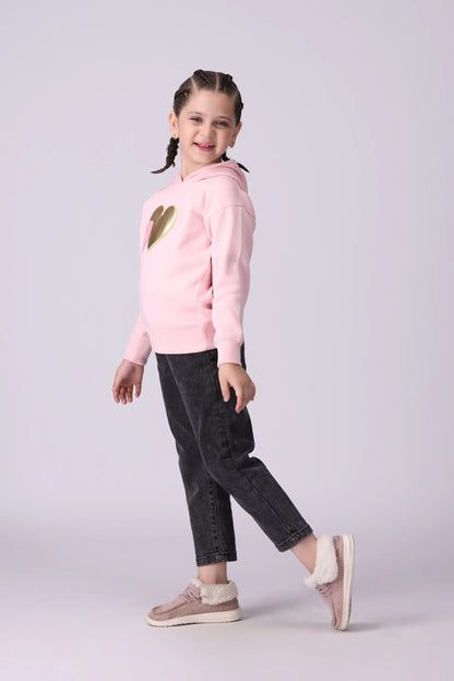 Fleece Sweatshirt With Patch Work Girl Hood Winter 2024 COUGAR- (Girl Junior Winter 2024)   