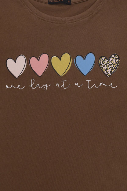 Slogan & Heart Print T-Shirt Women Tee Summer V-3 2024 BACKDROP COUGAR- (Women V3 2024)   