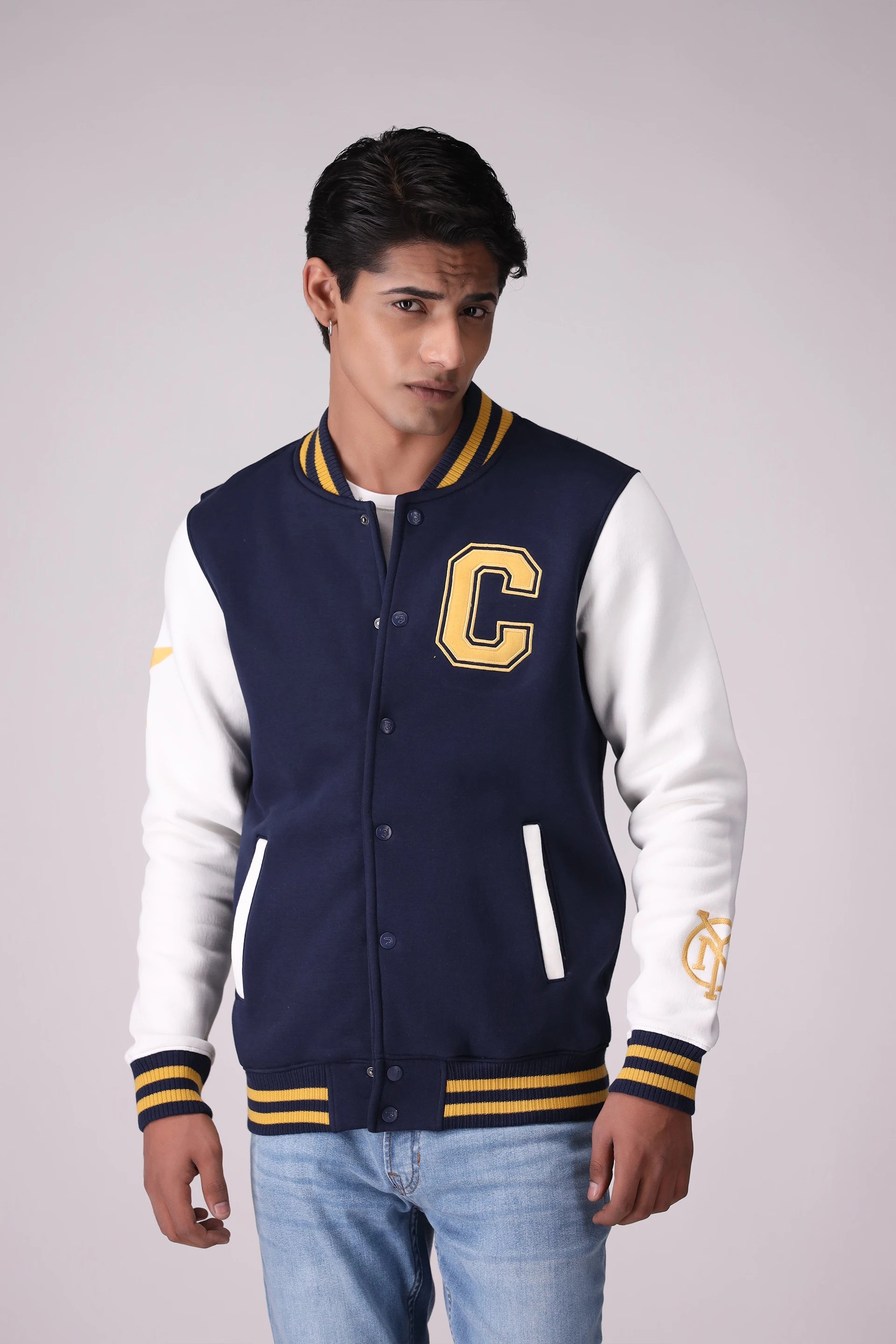 Contrast Sleeved Varsity Jacket Men Jacket Winter 2024 Knit Story COUGAR- (Men Winter 2024) M Navy Men