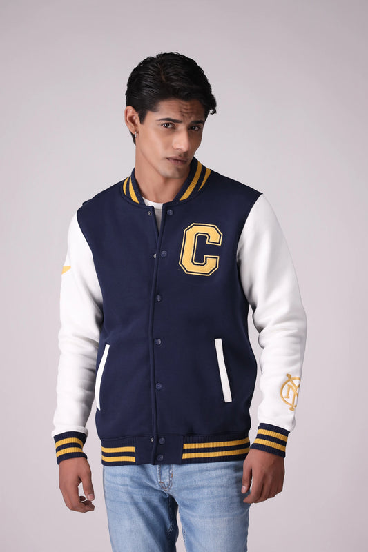 Contrast Sleeved Varsity Jacket Men Jacket Winter 2024 Knit Story COUGAR- (Men Winter 2024) M Navy Men