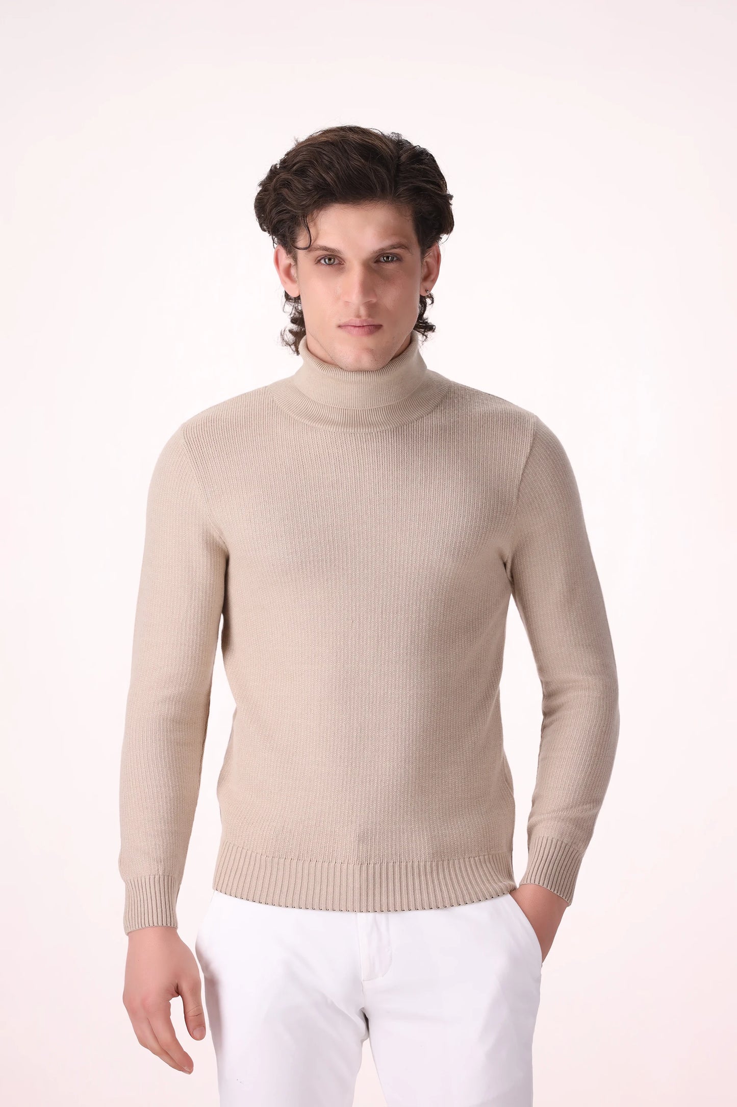 Extra Fine Roll Neck Sweater Luxury Men Sweater COUGAR (MEN OLD MONEY W24) S LIGHT BEIGE