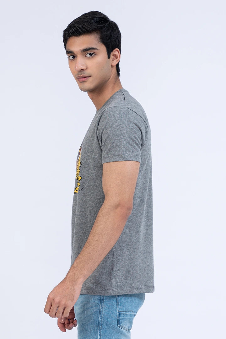 Grey Graphic Regular Fit T-Shirt Men Tee Summer V-2 2024 URBAN STATION COUGAR   