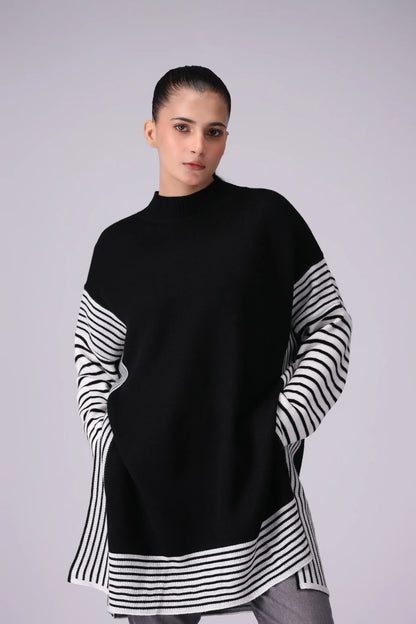 High Slit Detail Striped Sweater Women Sweater Winter 2024 Knit Story COUGAR- (Women Winter 2024)