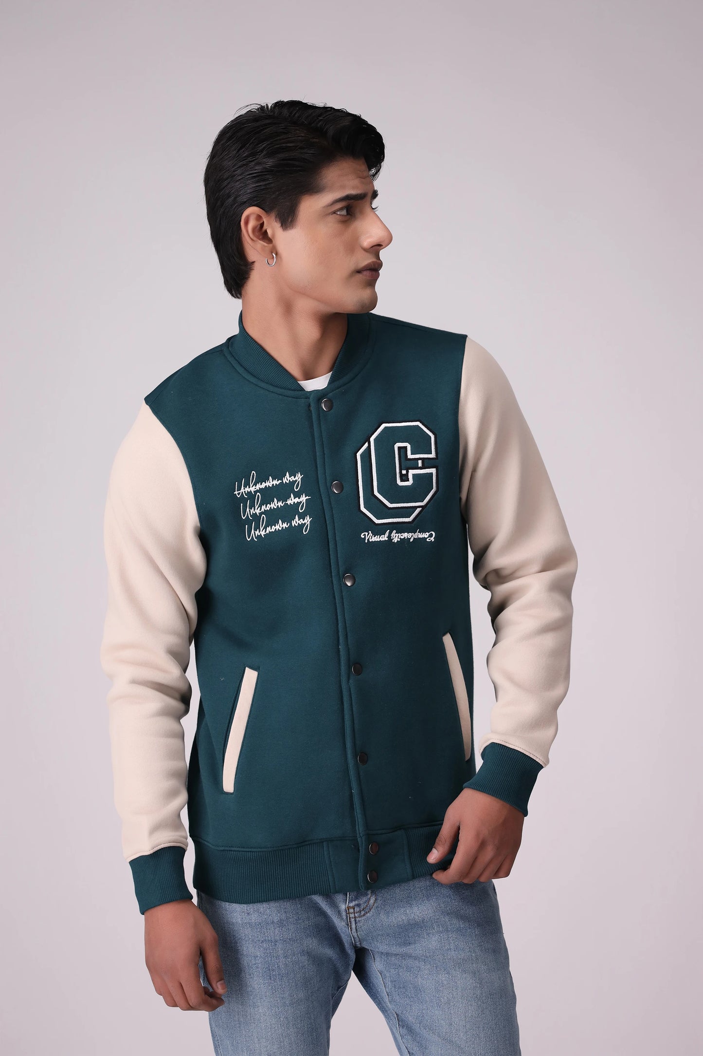 Contrast Sleeved Varsity Jacket Men Jacket Winter 2024 Knit Story COUGAR- (Men Winter 2024) M Teal Men