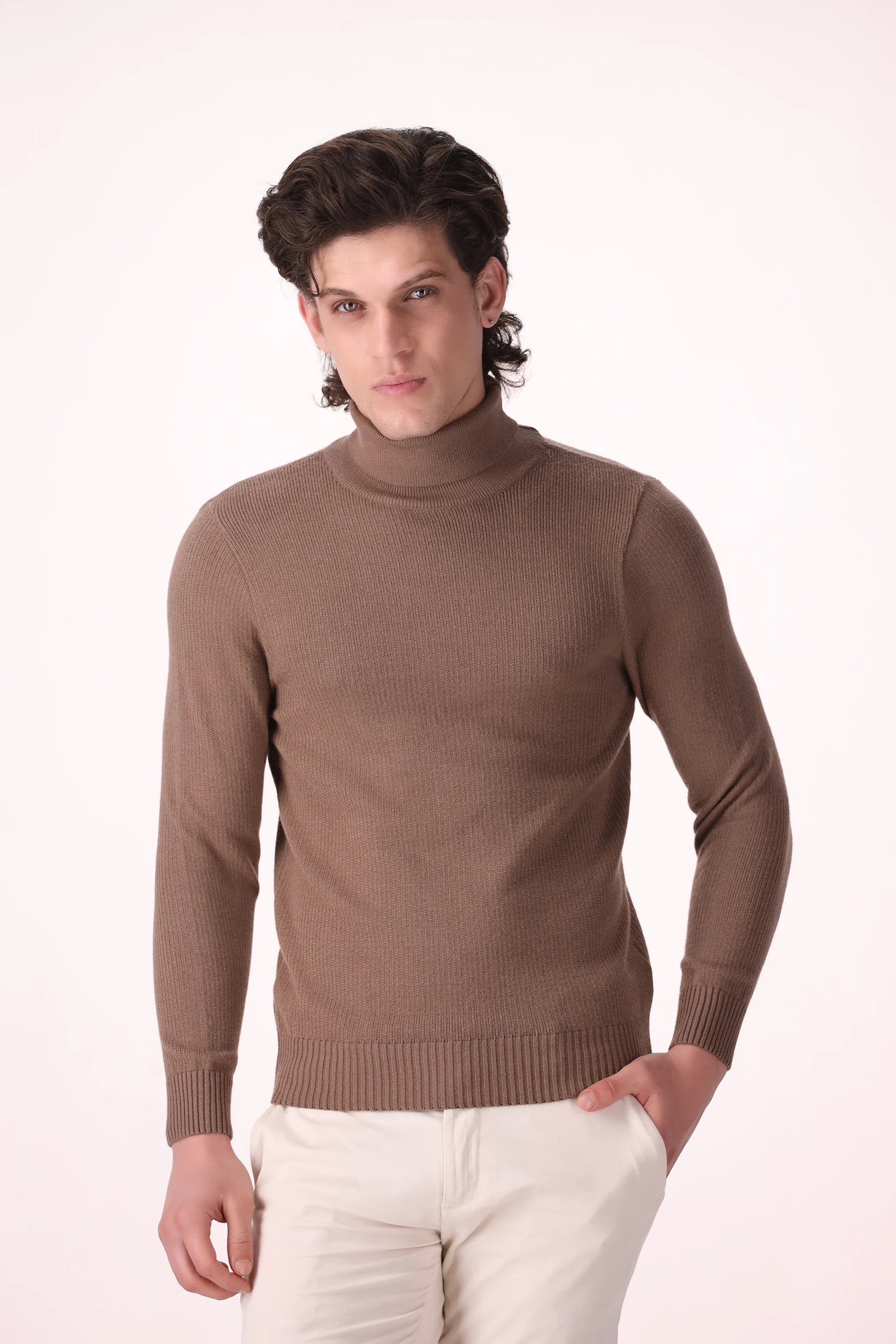 Extra Fine Roll Neck Sweater Luxury Men Sweater COUGAR (MEN OLD MONEY W24) S Brown