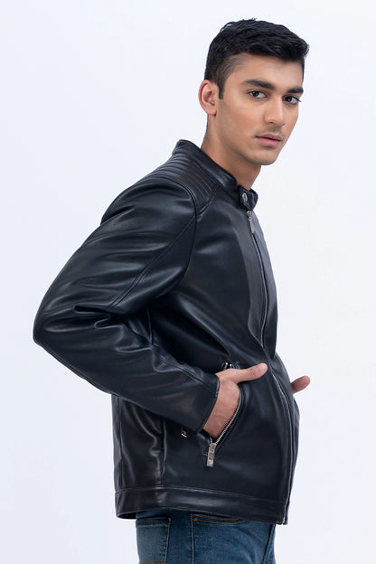 Black Pleated Shoulder Faux Leather Jacket Men Jacket Winter 2023 Premiere COUGAR   