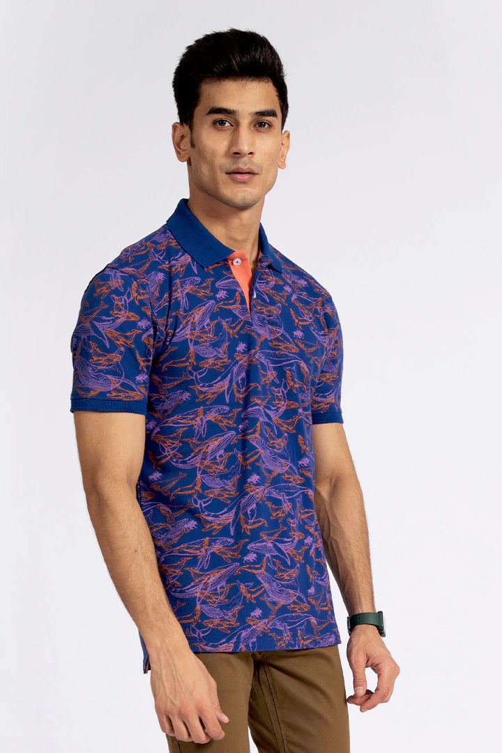 Royal Blue Printed Polo Men Polo Pre Fall 2023 Vortex COUGAR   