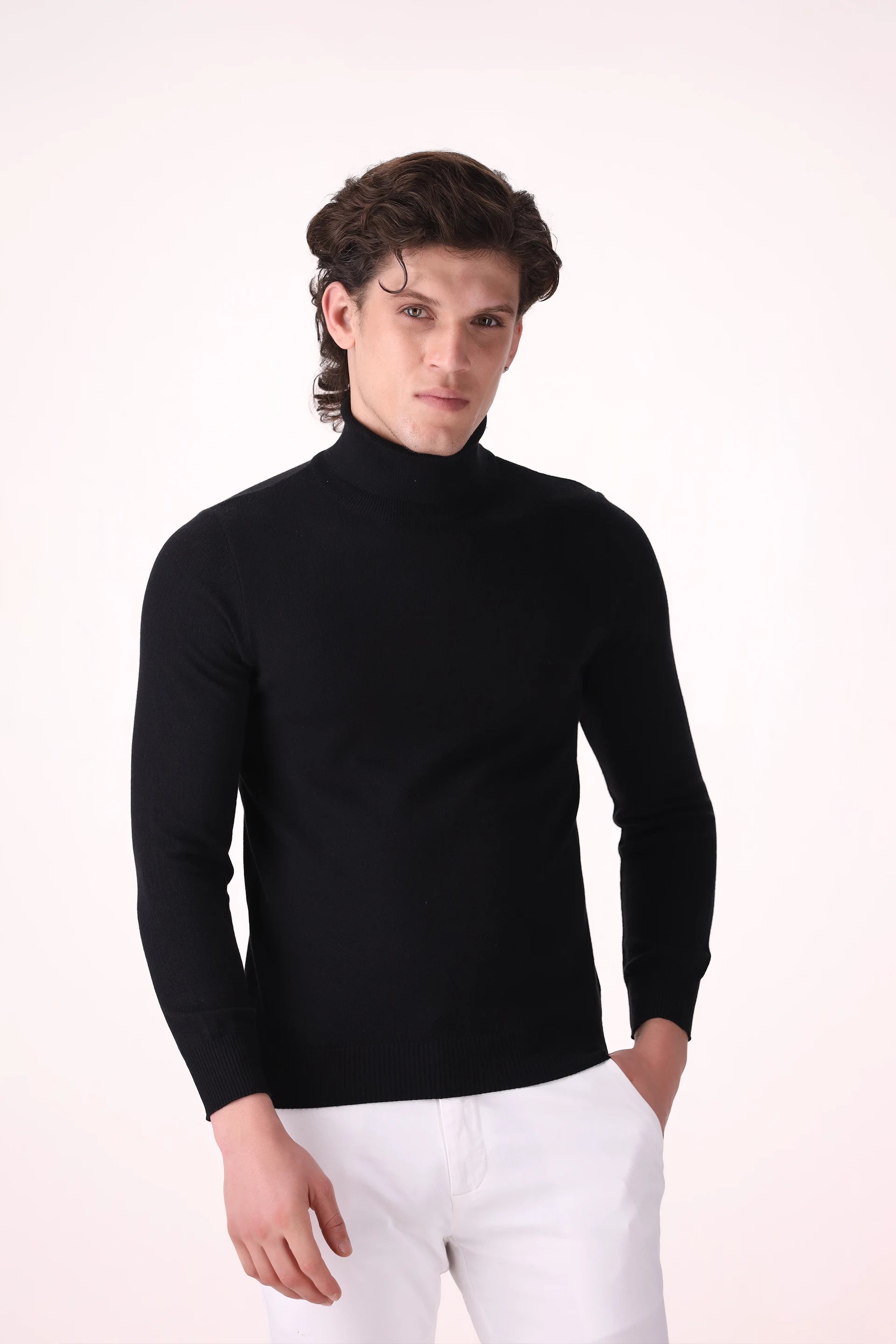 Extra Fine Roll Neck Sweater Luxury Men Sweater COUGAR (MEN OLD MONEY W24) S Black