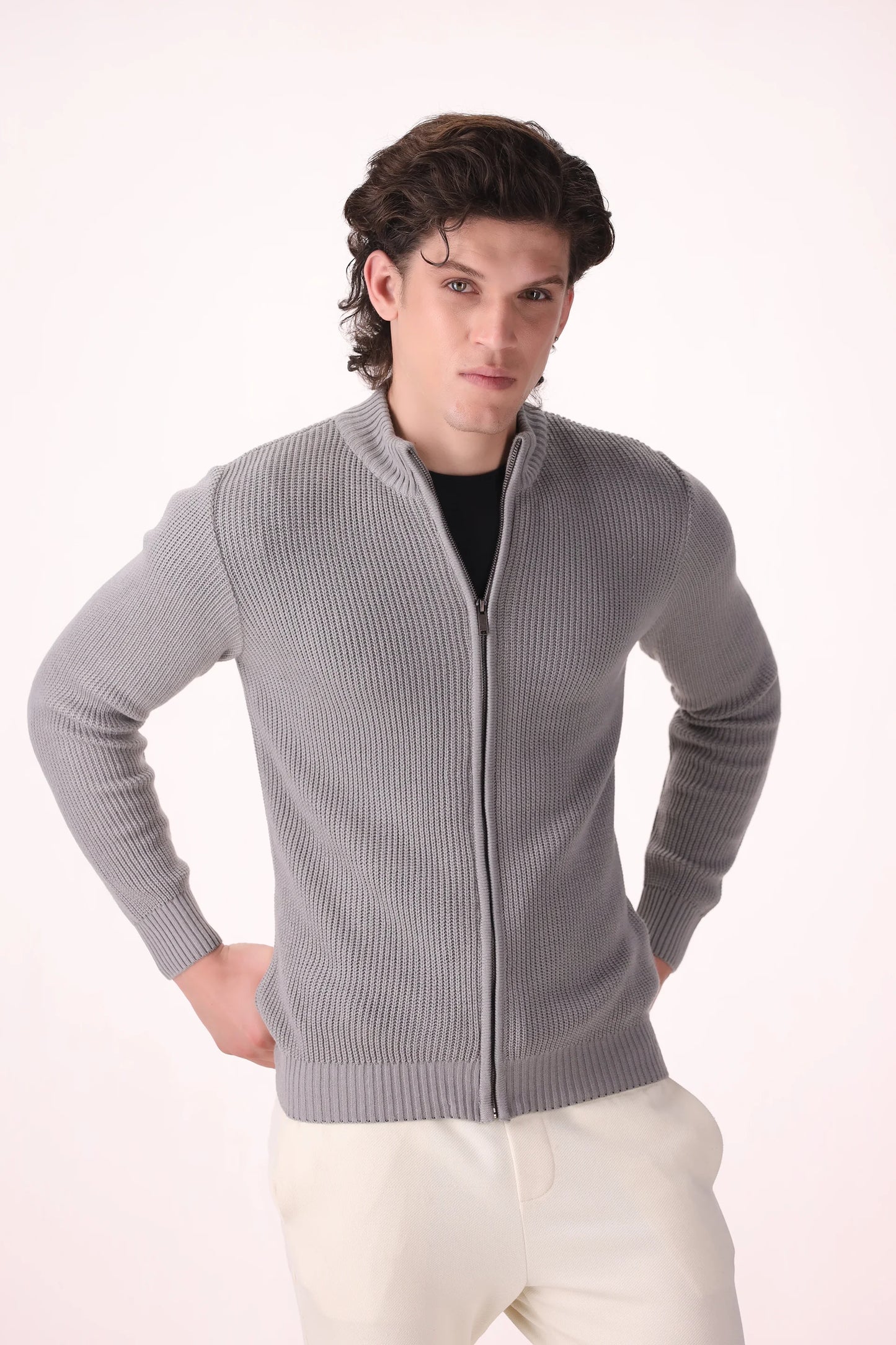 Zip Through Knit Cardigan Luxury Men Sweater COUGAR (MEN OLD MONEY W24) S Grey