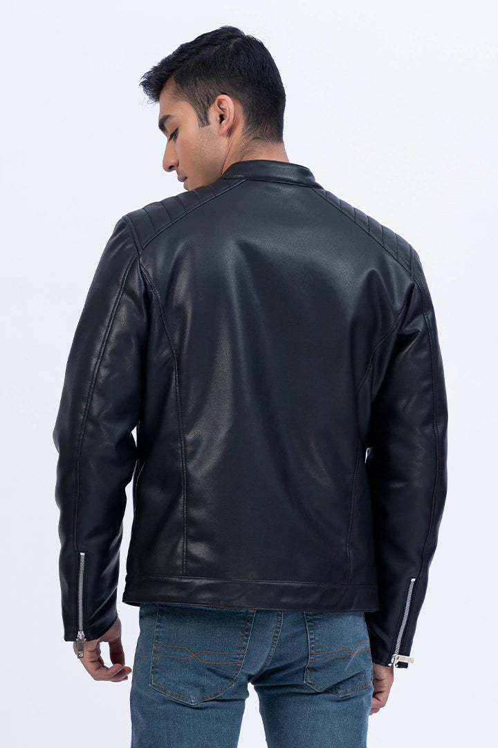 Black Pleated Shoulder Faux Leather Jacket Men Jacket Winter 2023 Premiere COUGAR   