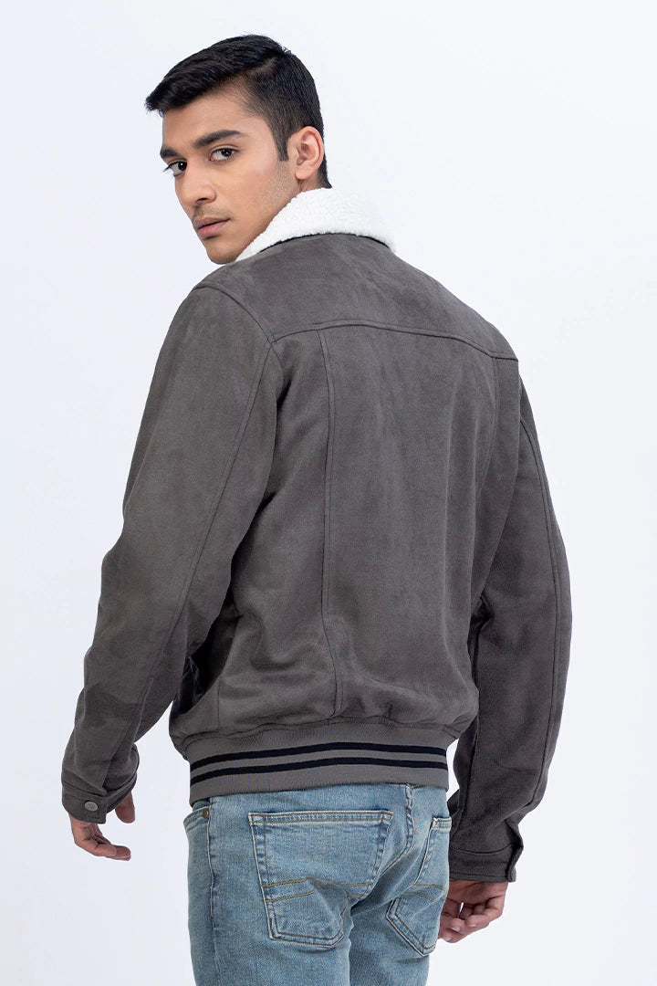 Grey Sherpa Collar Suede Jacket