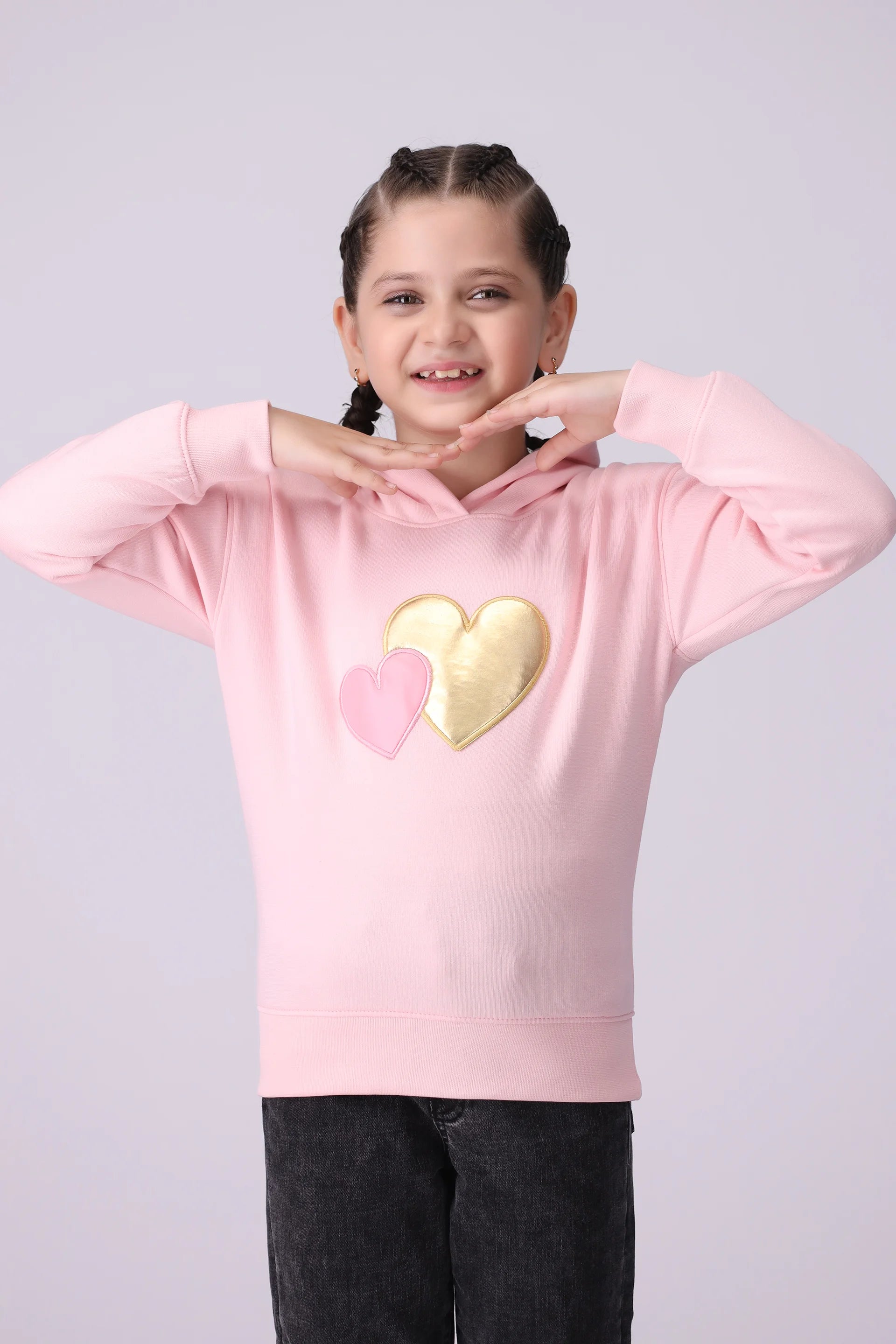 Fleece Sweatshirt With Patch Work Girl Hood Winter 2024 COUGAR- (Girl Junior Winter 2024) 5-6 Y Pink 