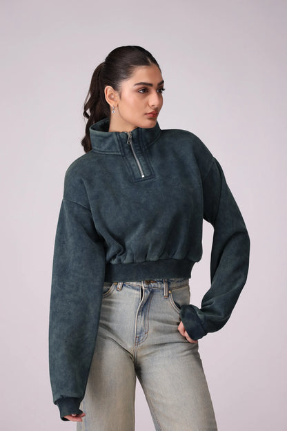 Quarter Zip Cropped Sweatshirt Women Sweatshirt Winter 2024 Knit Story COUGAR- (Women Winter 2024) XS Dark Teal Women