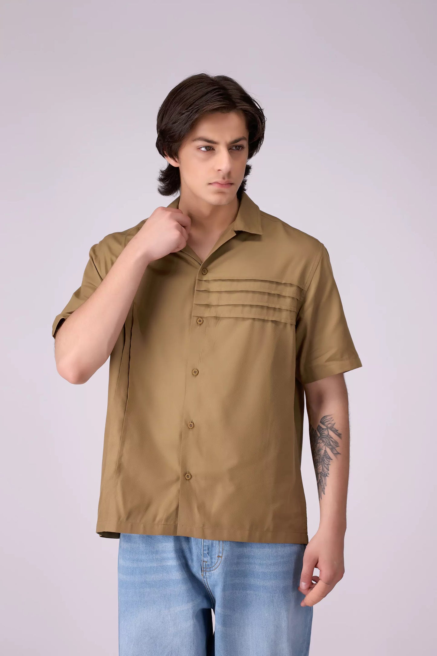 Regular Fit Resort Collar Pleated Shirt Men Shirt COUGAR (S V-1 2025) S Dark Khaki Men