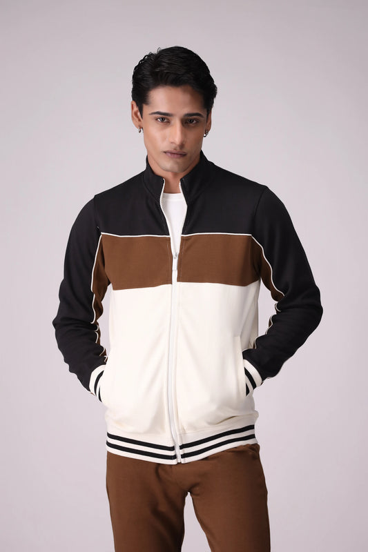 Color Block Interlock Men Jacket Winter 2024 Knit Story COUGAR- (Men Winter 2024) M Cream White Men