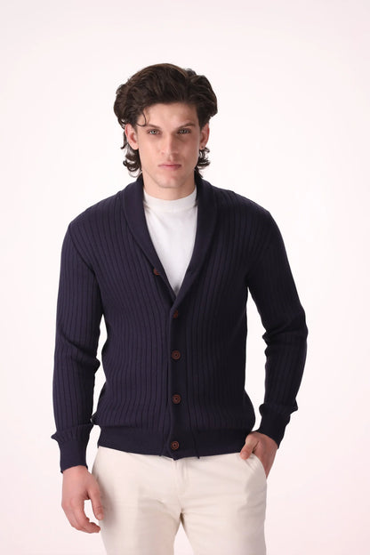 Shawl Neck Button-Down Cardigan Luxury Men Sweater COUGAR (MEN OLD MONEY W24) S Navy