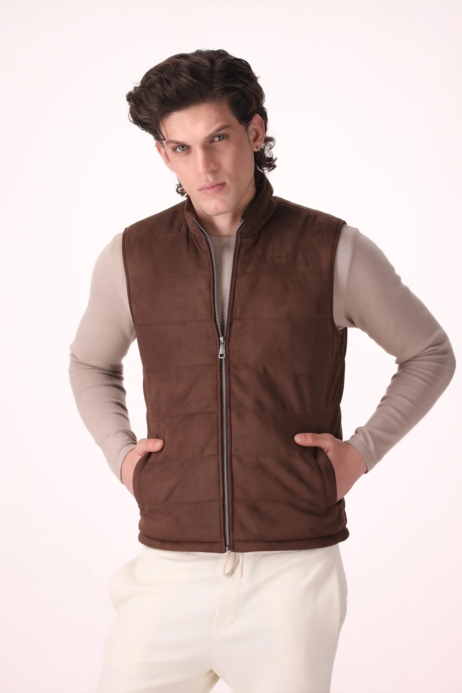 Quilted Suede Gilet Luxury Men Jacket COUGAR (MEN OLD MONEY W24) S Chocolate