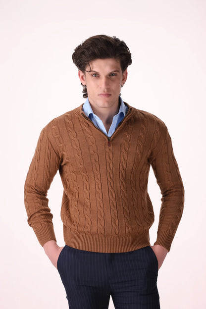 Cable Knit Quarter Zip Sweater Luxury Men Sweater COUGAR (MEN OLD MONEY W24) S CAMEL MELANGE