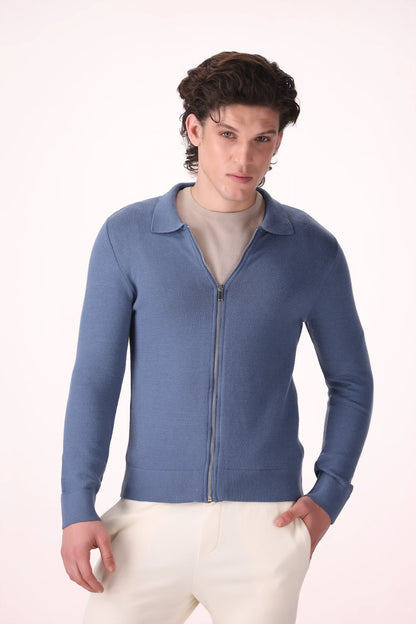 Full Zipped Cardigan Luxury Men Sweater COUGAR (MEN OLD MONEY W24) S Blue