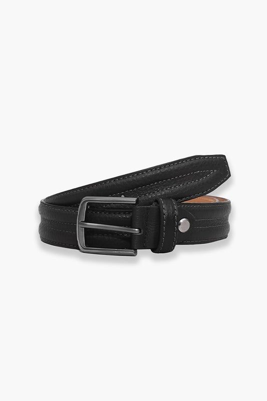 Black Buckle Belt With Stitch Detail Men Leather Belt Summer V-3 2024 BACKDROP COUGAR C (V-3 2024) FSZ Black 