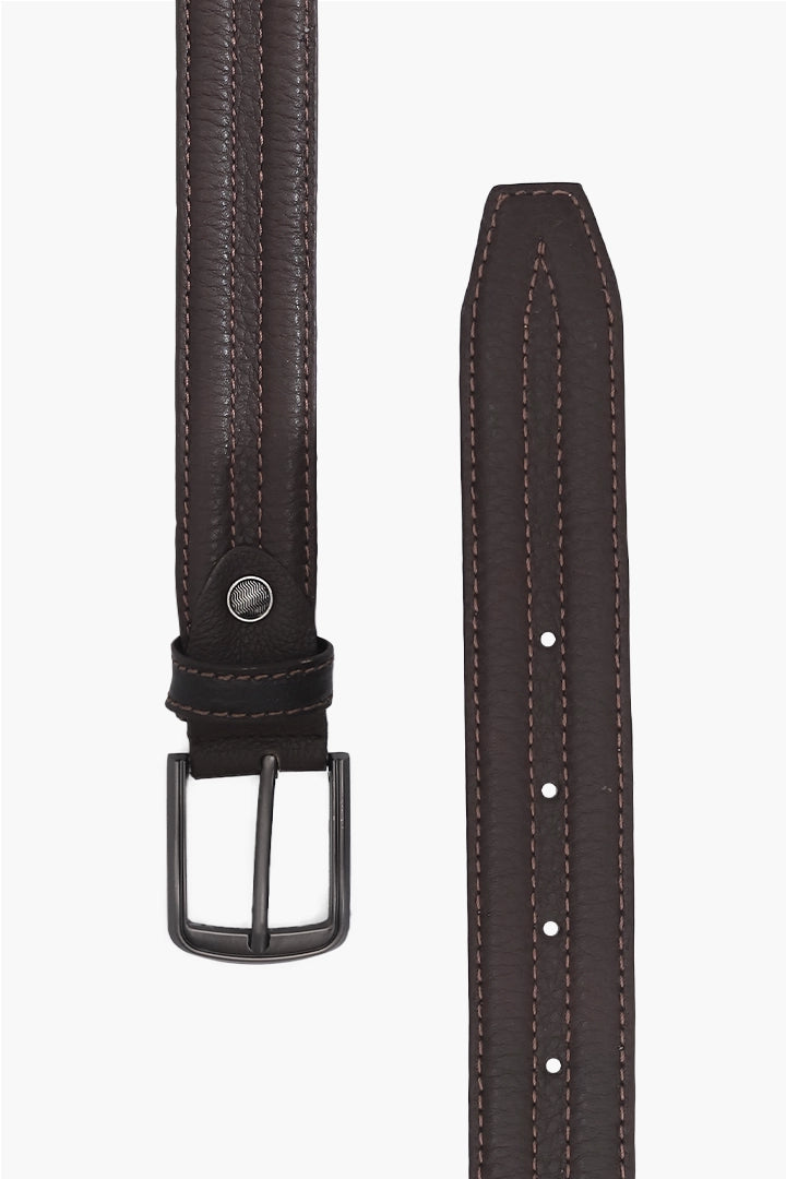 Coffee Buckle Belt With Stitch Detail - Cougar Clothing