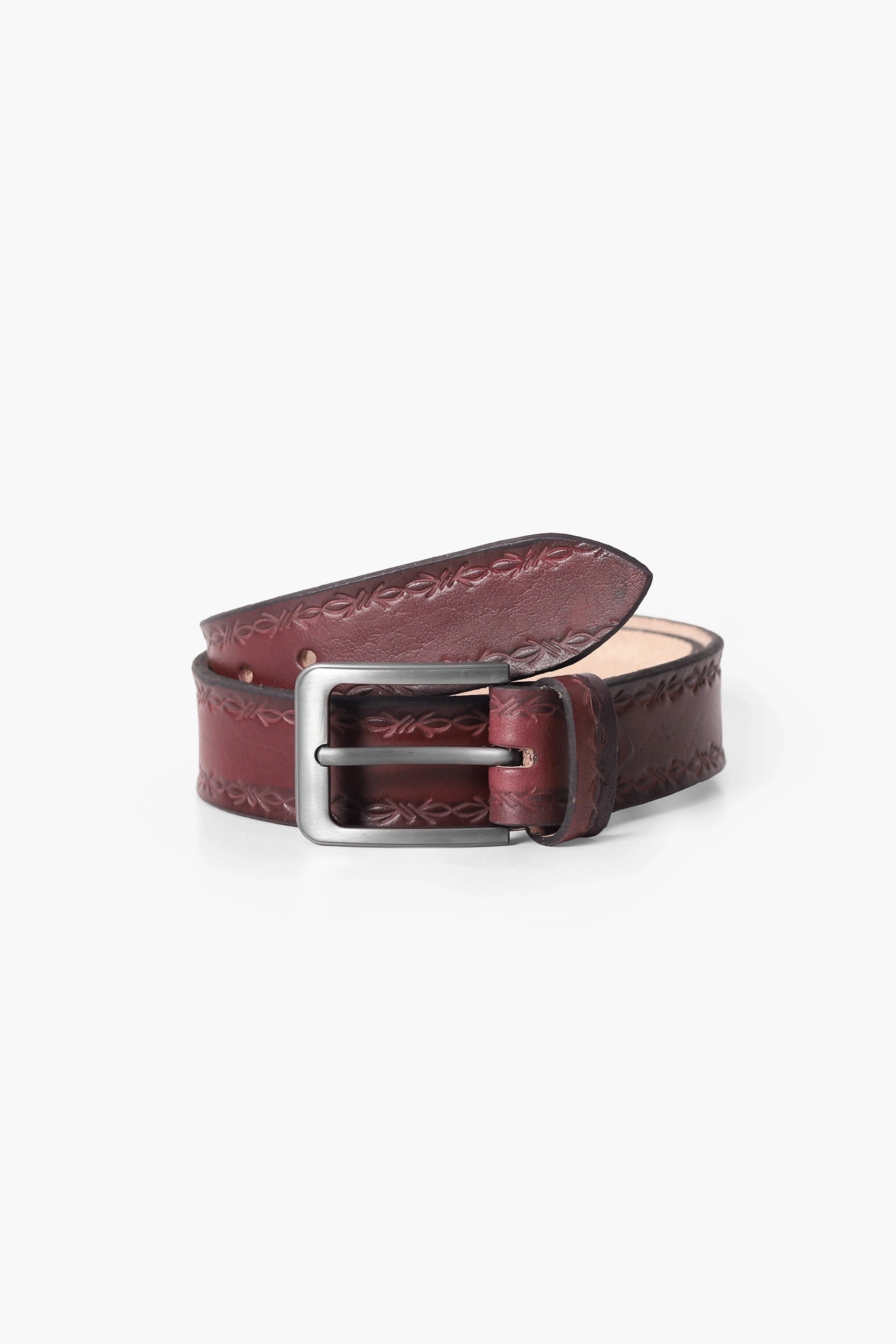 Floral Embossed Leather Belt Men Leather Belt Fall 2024 COUGAR C (Fall 2024) FSZ Maroon 