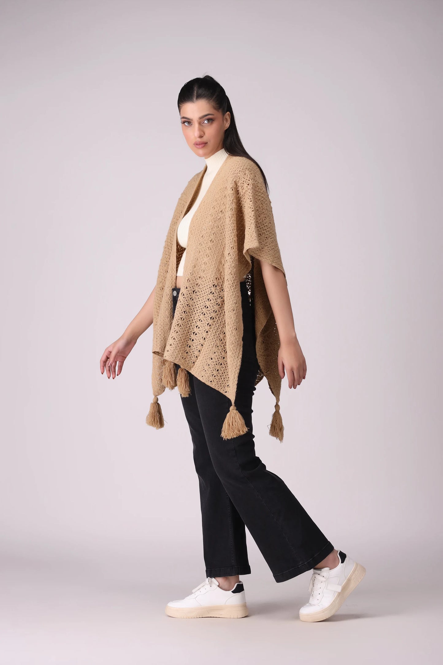 Crotchet Knit Cape Shawl With Fringes