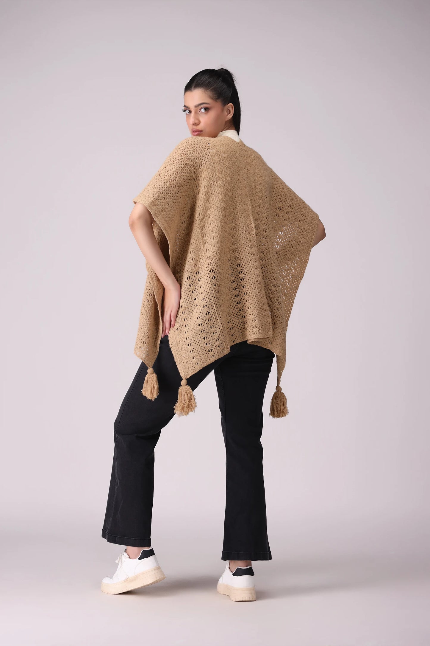 Crotchet Knit Cape Shawl With Fringes