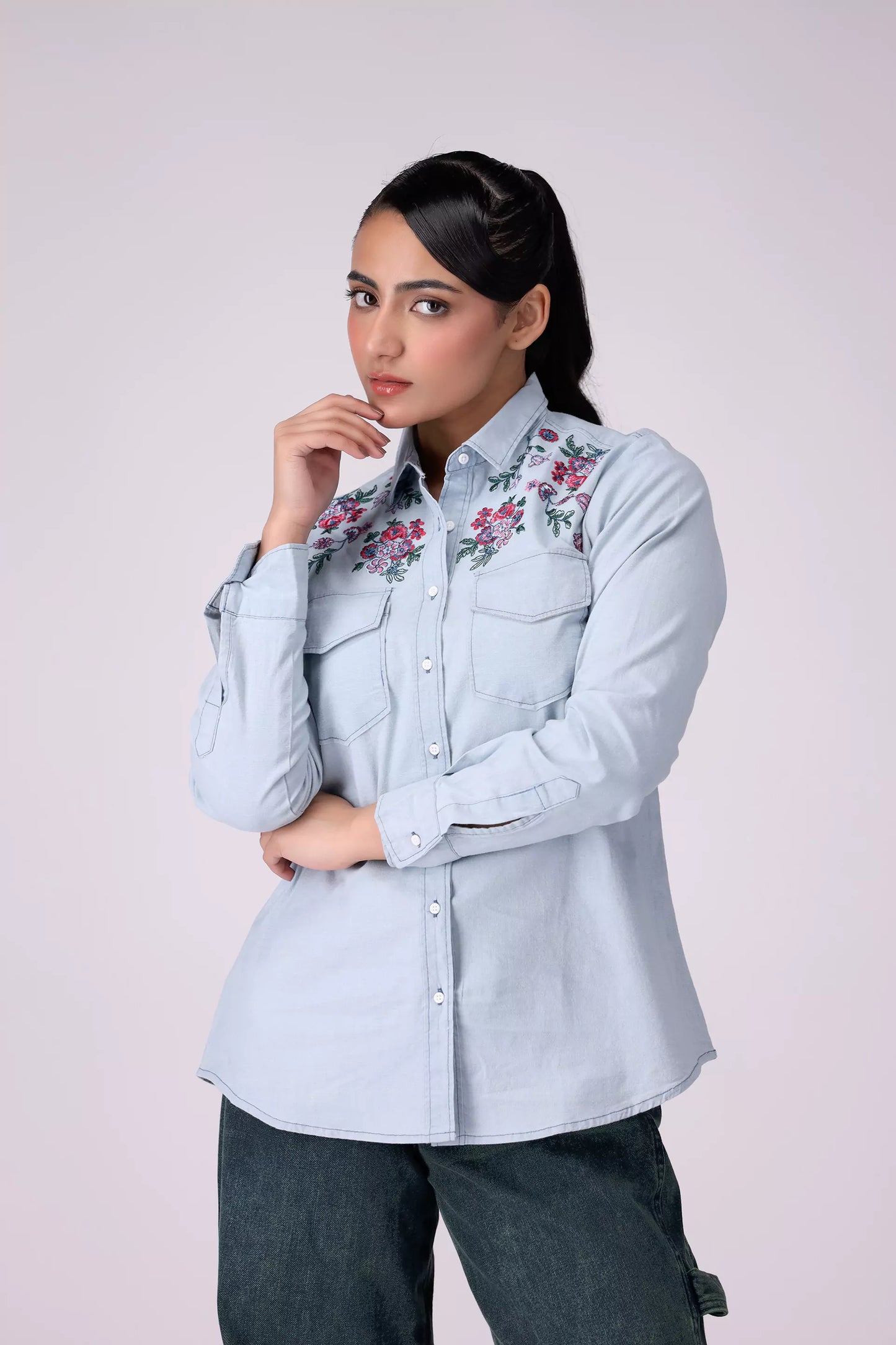 Embroidered Shirt With Flap Pockets Women Embroided Top COUGAR (S V-1 2025) XS Sky Blue Women