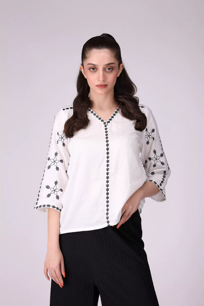 Embroidered V-Neck Top Women Embroided Top COUGAR (S V-1 2025) XS White Women