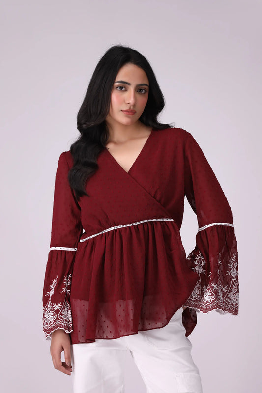 Embroidered Top Women Embroided Top COUGAR (S V-1 2025) XS Maroon Women