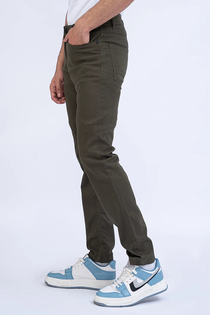 Olive Slim Fit Five Pocket Pants Men 5-Pocket Summer V-2 2024 URBAN STATION COUGAR   