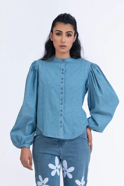 Denim Puff Sleeves Top Women Top Summer V-1 2024 AURA COUGAR   