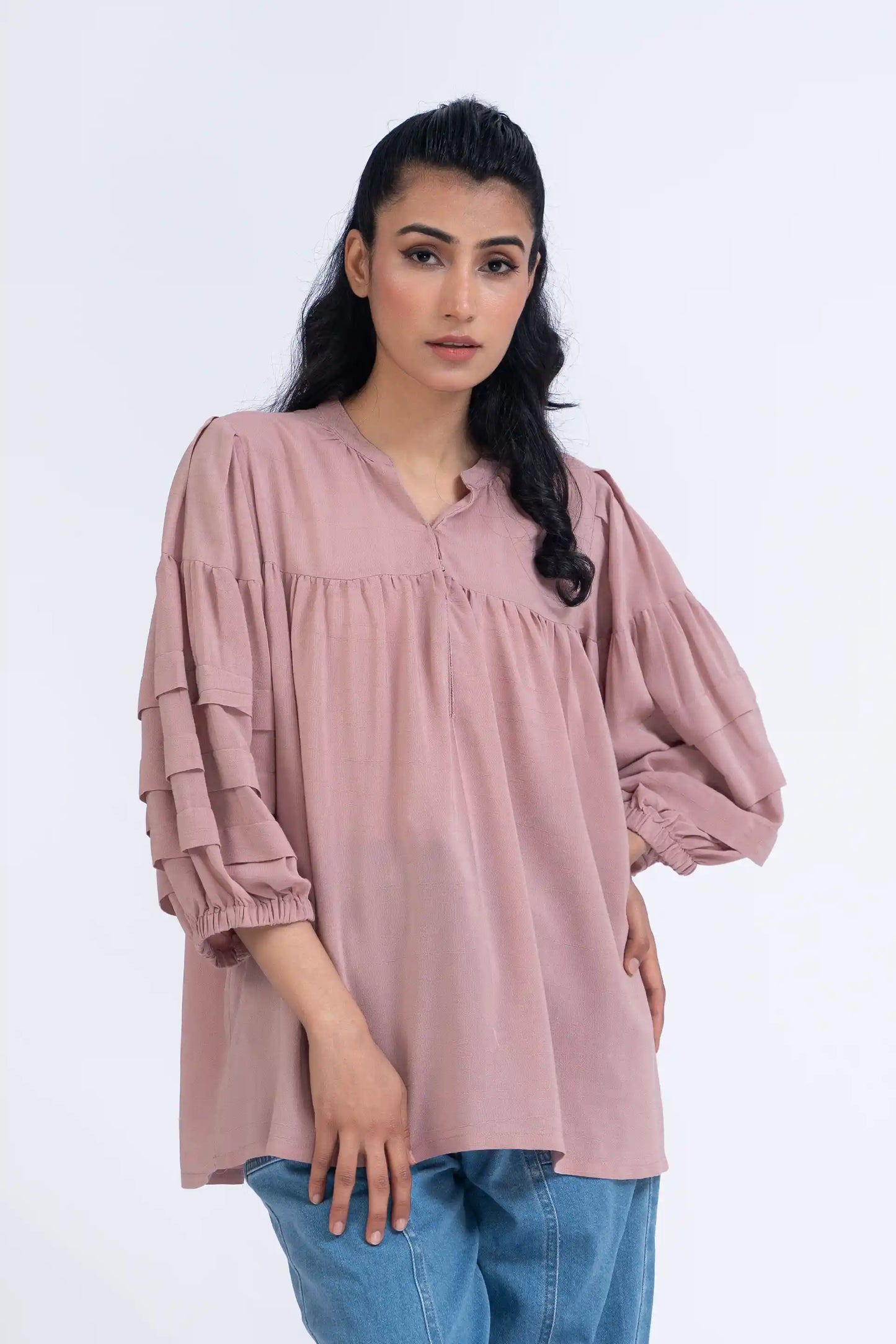 Pink Balloon Sleeves Top Women Top Summer V-1 2024 AURA COUGAR   